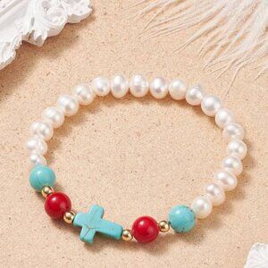 NWOT Cross & Real Mashan Jade & Pearl Beaded Stretch Bracelet, Gemstones